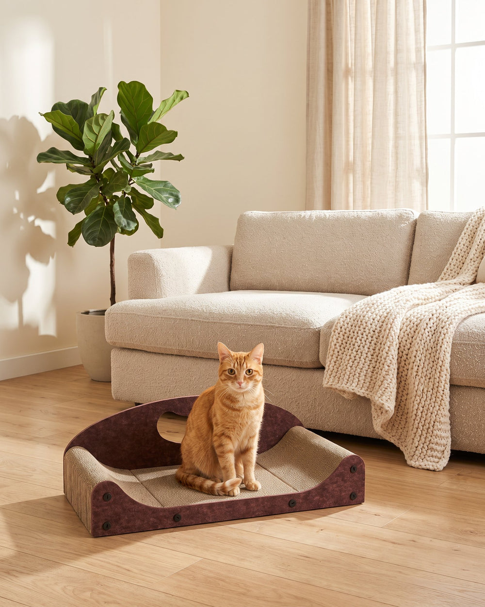 MyClawch cat scratcher couch next to a cream sofa