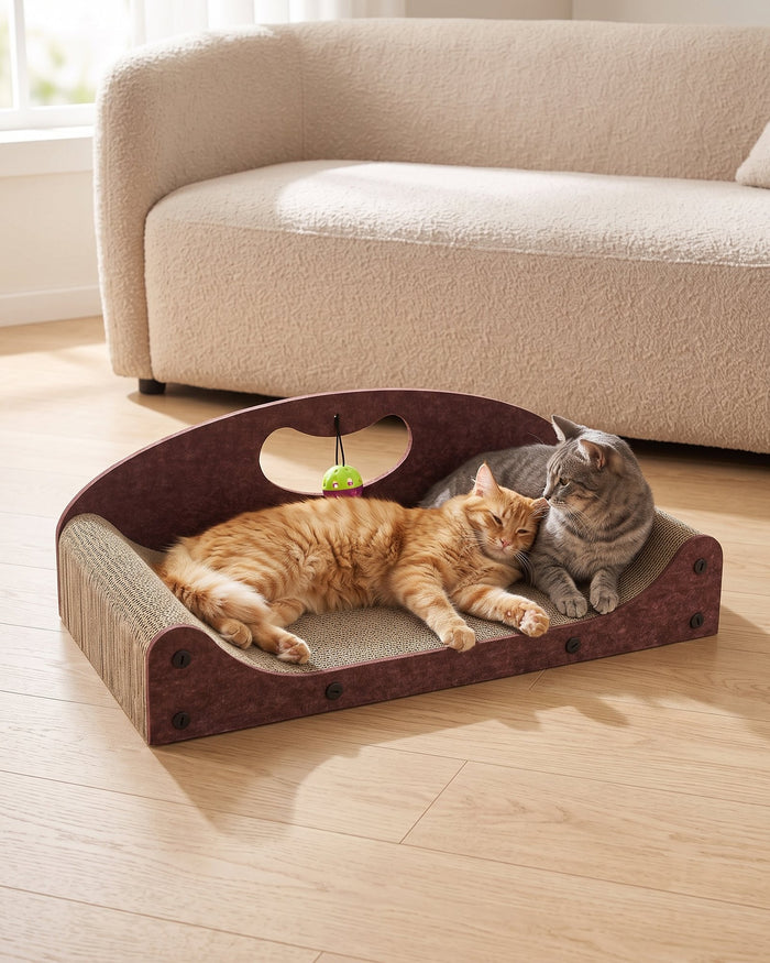 Two cats sharing the MyClawch scratcher couch